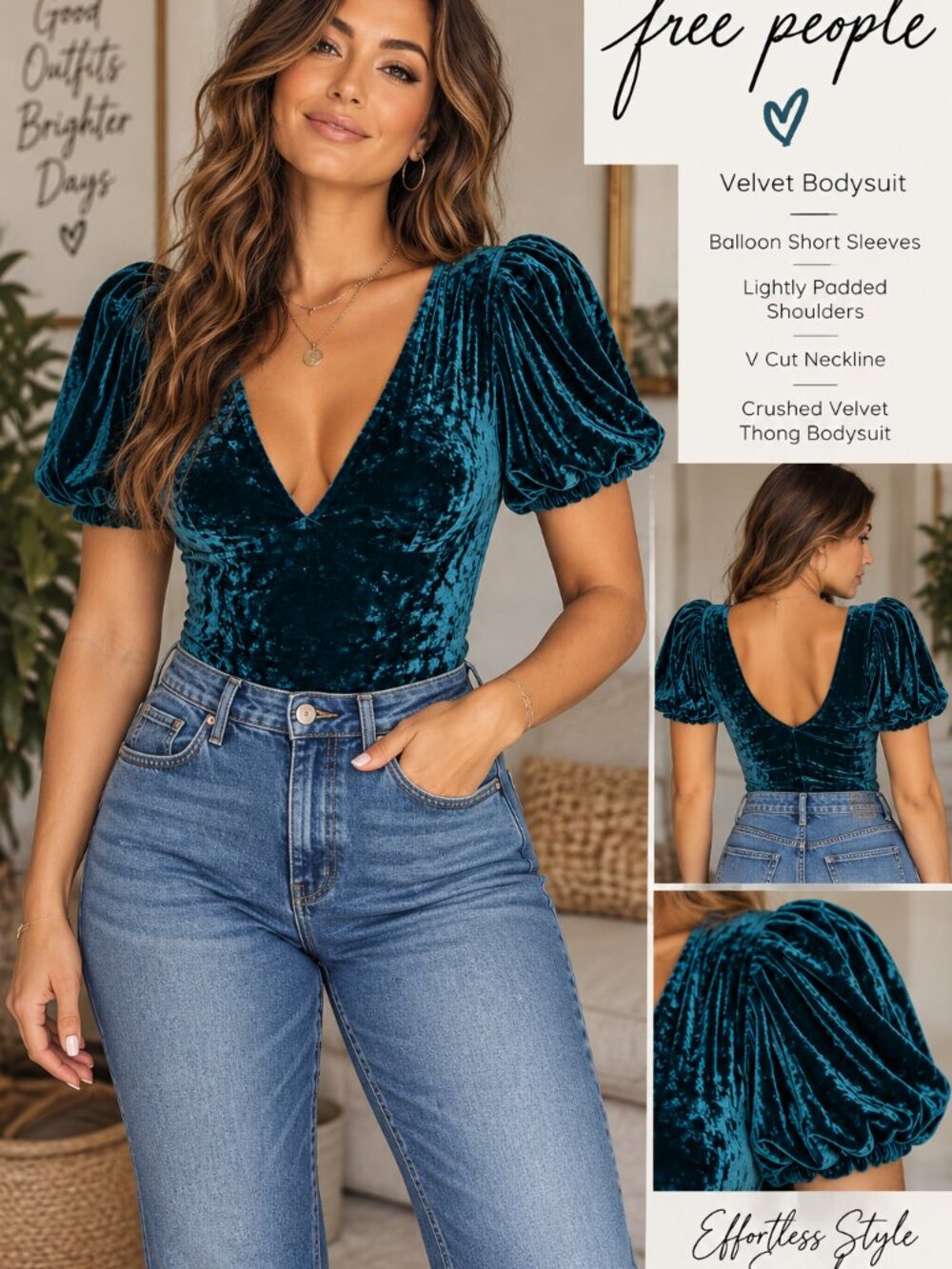 Free People Velvet Deep Teal V-Neck Puff Sleeve Padded Thong Bodysuit NWT Size S
